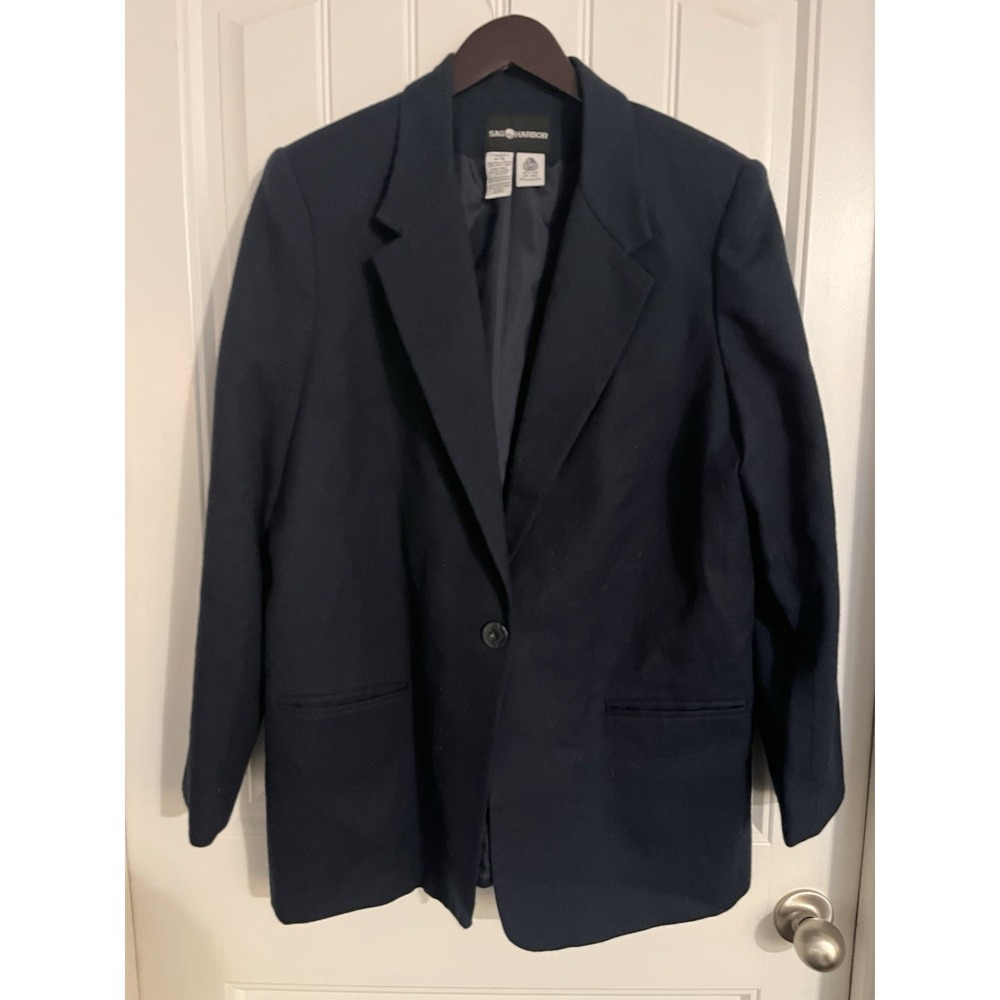 Vintage‎ Sag Harbor Women's 100% Wool Blazer Jacket Navy Blue Size 16 NICE AA